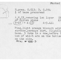 Index card with typed and handwritten information, sometimes including a sketch, of pottery from an excavation.