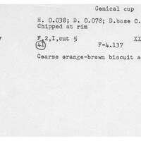 Index card with typed and handwritten information, sometimes including a sketch, of pottery from an excavation.