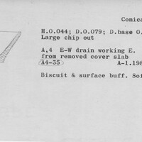 Index card with typed and handwritten information, sometimes including a sketch, of pottery from an excavation.
