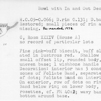 Index card with typed and handwritten information, sometimes including a sketch, of pottery from an excavation.