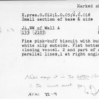 Index card with typed and handwritten information, sometimes including a sketch, of pottery from an excavation.