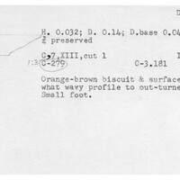 Index card with typed and handwritten information, sometimes including a sketch, of pottery from an excavation.