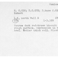 Index card with typed and handwritten information, sometimes including a sketch, of pottery from an excavation.