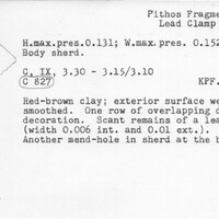 Index card with typed and handwritten information, sometimes including a sketch, of pottery from an excavation.