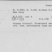 Index card with typed and handwritten information, sometimes including a sketch, of pottery from an excavation.