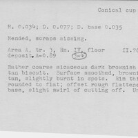 Index card with typed and handwritten information, sometimes including a sketch, of pottery from an excavation.