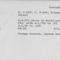Index card with typed and handwritten information, sometimes including a sketch, of pottery from an excavation.