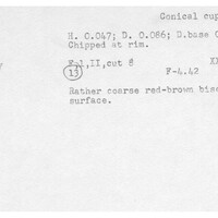 Index card with typed and handwritten information, sometimes including a sketch, of pottery from an excavation.