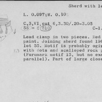 Index card with typed and handwritten information, sometimes including a sketch, of pottery from an excavation.