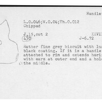 Index card with typed and handwritten information, sometimes including a sketch, of pottery from an excavation.