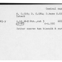 Index card with typed and handwritten information, sometimes including a sketch, of pottery from an excavation.