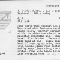 Index card with typed and handwritten information, sometimes including a sketch, of pottery from an excavation.