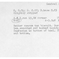 Index card with typed and handwritten information, sometimes including a sketch, of pottery from an excavation.