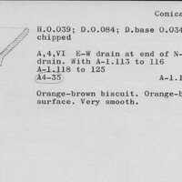 Index card with typed and handwritten information, sometimes including a sketch, of pottery from an excavation.