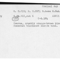 Index card with typed and handwritten information, sometimes including a sketch, of pottery from an excavation.