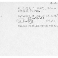 Index card with typed and handwritten information, sometimes including a sketch, of pottery from an excavation.