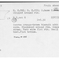 Index card with typed and handwritten information, sometimes including a sketch, of pottery from an excavation.