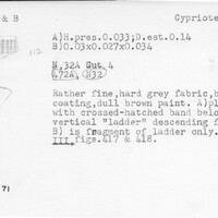 Index card with typed and handwritten information, sometimes including a sketch, of pottery from an excavation.