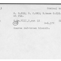 Index card with typed and handwritten information, sometimes including a sketch, of pottery from an excavation.