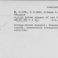 Index card with typed and handwritten information, sometimes including a sketch, of pottery from an excavation.