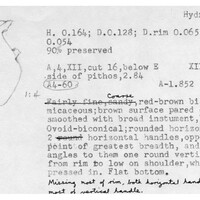 Index card with typed and handwritten information, sometimes including a sketch, of pottery from an excavation.