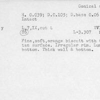 Index card with typed and handwritten information, sometimes including a sketch, of pottery from an excavation.
