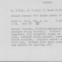 Index card with typed and handwritten information, sometimes including a sketch, of pottery from an excavation.
