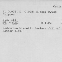 Index card with typed and handwritten information, sometimes including a sketch, of pottery from an excavation.