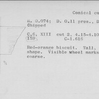 Index card with typed and handwritten information, sometimes including a sketch, of pottery from an excavation.