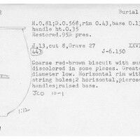 Index card with typed and handwritten information, sometimes including a sketch, of pottery from an excavation.