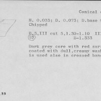 Index card with typed and handwritten information, sometimes including a sketch, of pottery from an excavation.