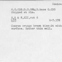 Index card with typed and handwritten information, sometimes including a sketch, of pottery from an excavation.
