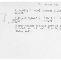 Index card with typed and handwritten information, sometimes including a sketch, of pottery from an excavation.
