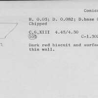 Index card with typed and handwritten information, sometimes including a sketch, of pottery from an excavation.