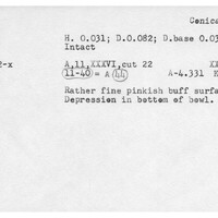 Index card with typed and handwritten information, sometimes including a sketch, of pottery from an excavation.