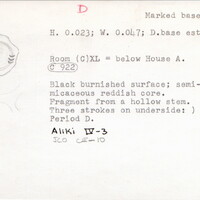 Index card with typed and handwritten information, sometimes including a sketch, of pottery from an excavation.