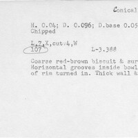 Index card with typed and handwritten information, sometimes including a sketch, of pottery from an excavation.