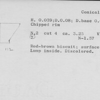 Index card with typed and handwritten information, sometimes including a sketch, of pottery from an excavation.
