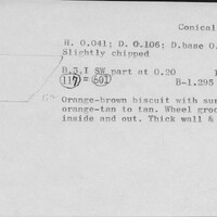 Index card with typed and handwritten information, sometimes including a sketch, of pottery from an excavation.