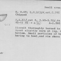 Index card with typed and handwritten information, sometimes including a sketch, of pottery from an excavation.