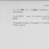 Index card with typed and handwritten information, sometimes including a sketch, of pottery from an excavation.