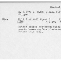Index card with typed and handwritten information, sometimes including a sketch, of pottery from an excavation.