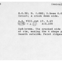 Index card with typed and handwritten information, sometimes including a sketch, of pottery from an excavation.
