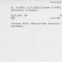 Index card with typed and handwritten information, sometimes including a sketch, of pottery from an excavation.