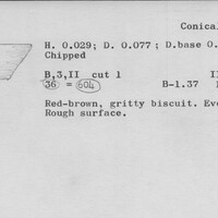 Index card with typed and handwritten information, sometimes including a sketch, of pottery from an excavation.