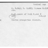 Index card with typed and handwritten information, sometimes including a sketch, of pottery from an excavation.