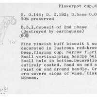 Index card with typed and handwritten information, sometimes including a sketch, of pottery from an excavation.