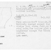 Index card with typed and handwritten information, sometimes including a sketch, of pottery from an excavation.