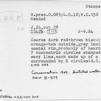 Index card with typed and handwritten information, sometimes including a sketch, of pottery from an excavation.