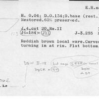 Index card with typed and handwritten information, sometimes including a sketch, of pottery from an excavation.